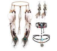 LOLIAS 4 Pcs Indian Head Dress Jewelry Set Leather Pendant Choker Necklace and Feather Dangle Earrings for Women Handmade Bracelet Vintage Hippie Tribal Gathering Cosplay Jewelry E