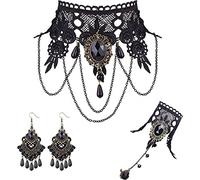 LOLIAS 4PCS Black Lace Choker Necklace with Bracelet and Pendant Earrings Gothic Vintage Set for Women Halloween Vampire Steampunk Wedding Party Mascarade Costume Jewelry Sets