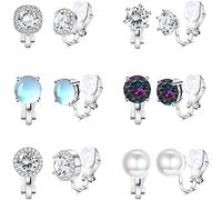 LOLIAS 6 Pairs Clip On Earrings for Women Non Pierced Clip On Cubic Zirconia Stud Moonstone Rainbow Pearl Clip Earrings Set Hypoallergenic Earrings Wedding Set