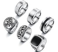 LOLIAS 6 Pcs Stainless Steel Men Rings Silver Matte Finish Polished Signet Rings Band Rings Bottle Opener Rings Celtic Knot Vintage Fidget Ring Engagement Promise Wedding Band Rings