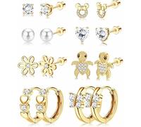 LOLIAS 8 Pairs Screw Back Earrings for Women Girls Hypoallergenic Hoop Earrings Cute Flower Ball Heart CZ Butterfly Stud Earrings Stainless Steel Earrings Set Tragus Cartilage Jewelry