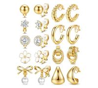 LOLIAS Clip On Earrings for Women 14K Gold Plated Clip Earrings Non Pierced Ears Clips CZ Pearl Knot Twist Chunky Hoop and Studs Earring Set Hypoallergenic Fake Earings Jewelry, Metal, Cubic Zirconia