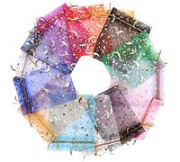 LOLIPPYY 100Pcs Sheer Organza Gift Bags with Drawstring Multi Color Star and Moon Pattern Jewelry Pouches Elegant Bulk Storage for Wedding Birthday Party Favors Cosmetics Small Gifts