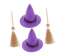 LOLIPPYY 2 Sets Miniature Witch Hats and Natural Straw Brooms for Halloween Party Decor Micro Landscape Craft Supplies with Smooth Edges for Dollhouses and DIY Home Decorations