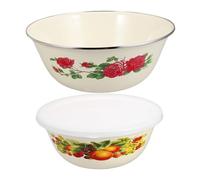 LOLIPPYY 2 Sets Vintage Enamel Food Bowls with Lid Thick Bottom Salad Noodle Serving Containers for Rice Soup Pasta Stable Fresh Keeping Bowls for Family Use Chinese Style Kitchenware