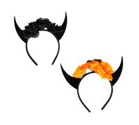 LOLIPPYY 2Pcs Halloween Skull Horn Headband with Flower Decor Black and Orange Devil Horn Hair Accessories for Women Party Cosplay Day Dead Birthday and Festival Use