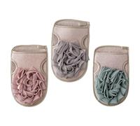 LOLIPPYY 3Pcs Double-Sided Bathing Gloves Body Cleaning Exfoliating Mitts Back Scrubber for Household Use, Soft Thicken Shower Gloves in Green, Light Coffee and Pink for Spa and Shower
