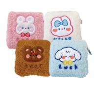 LOLIPPYY 4Pcs Cute Portable Sanitary Pad Pouch with Plush Cartoon Designs Compact Reusable Period Storage Bag for Women Privacy and Item Organizer