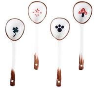 LOLIPPYY 4pcs Japanese Style Ceramic Soup Spoons with Long Handles, Lightweight and Easy to Store, for Picnic and Festivals, Assorted Colour Hand-Painted Design