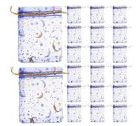 LOLIPPYY 50pcs Small Blue Drawstring Organza Bags 9x12cm Mesh Jewelry Pouches Moon Star Gold Silver Print Portable Bags for Wedding Party Travel