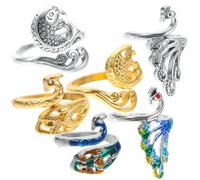 LOLIPPYY 6pcs Adjustable Vintage Knitting Rings with Retro Peacock and Koi Fish Designs Unisex Finger Loop Adornments for Yarn Control and Crafting Accessories