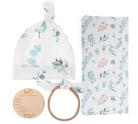 LOLIPPYY Newborn Swaddle Set with Hat and Headband, White Polyester Receiving Blanket with Wooden Birth Announcement Sign, 4pcs Baby Gift for Nursery