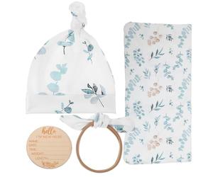 LOLIPPYY Newborn Swaddle Set with Hat and Headband, White Polyester Receiving Blanket with Wooden Birth Announcement Sign, 4pcs Baby Gift for Nursery