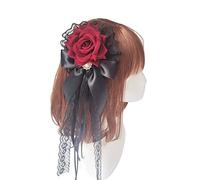 Lolita Gothic Lace Pearl Hairpin Handmade Black Red White Rose Hair Clip Ribbon Bow Clip Anime Cosplay Hair Accessories (Red)