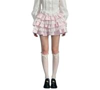 Lolita Kawaii Skirt Women Teen Girl Sweet Cute Ruffle Layered Mini Skirt Y2K High Waist Lace Cake Skirts, Pink, M
