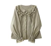 Lolita Long Sleeve Blouses Women Peter Pan Collar Victorian Shirt Vintage Elegant Lace Dressy Frilly Tops Trendy Spring, Green, XL