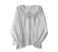 Lolita Long Sleeve Blouses Women Peter Pan Collar Victorian Shirt Vintage Elegant Lace Dressy Frilly Tops Trendy Spring, Blue, M
