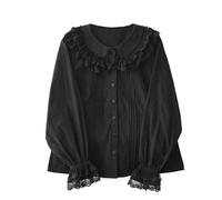 Lolita Long Sleeve Blouses Women Peter Pan Collar Victorian Shirt Vintage Elegant Lace Dressy Frilly Tops Trendy Spring, Black, L