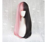 Lolita Ombre Gothic Harajuku Style Black Mixed Pink Long Straight Hairpiece Cute Bangs Cosplay Wig+ Wig Cap