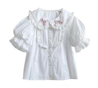Lolita Sweet Blouses Teens Doll Collar Puff Sleeve Button Down Shirts Japanese Style Summer Blouse Tops (UK, Alpha, L, Regular, Regular, White)