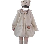 Lolita Teen Girls Solid Fuzzy Bunny Ear Winter Coat Top Sweet Button Front Soft Plush Kawaii Casual Loose Outerwear, Beige, One Size