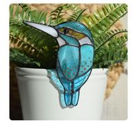 Lolitarcrafts Stained Glass Kingfisher Suncatcher for Planter Decoration-Colorful Glass Plant Pot Ornament,Bird Lover Gifts,Plant Lover Gifts