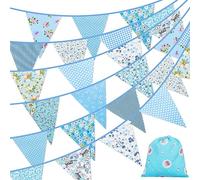 Lollanda 40 Feet Fabric Bunting Banner, 42pcs Outdoor Bunting Banner, Floral Vintage Triangle Flag for Home Garden Birthday Party Wedding Party Decoration (Blue)