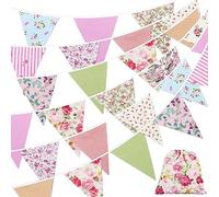Lollanda 40 Feet Fabric Bunting Banner, 42pcs Outdoor Bunting Banner, Floral Vintage Triangle Flag for Home Garden Birthday Party Wedding Party Decoration (Pink)