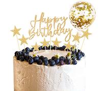 Lollanda Cake Topper, Gold Cake Topper for Boys Girls, Happy Birthday Banner Confetti Balloon Stars Heart Cake Topper for Birthday Party Cake Decoration, (LA23031002)