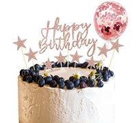 Lollanda Cake Topper, Rose Gold Cake Topper for Women Girls, Happy Birthday Banner Confetti Balloon Stars Heart Cake Topper for Birthday Party Cake Decoration