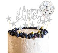 Lollanda Silver Cake Topper for Boys Girls - Happy Birthday Banner With Confetti Balloon Stars Heart for Birthday Party Decoration