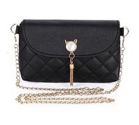 Lollanda Women Crossbody Shoulder Bag, Handbags with Cute Cat Shape Tassels, PU Leather Chain Messenger Cross Body Bags, Rhombic Square Purse for Girls Ladies (Black)