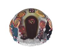 Lollipops Christmas Trees Cottage Printed Double-Layer Waterproof Shower Cap - Reusable Spa & Face Mask Bathing Hat for Travel, Home Care & Beauty Routine