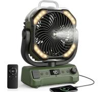 lollyes Camping Misting Fan with Dual Motor, 20000mAh Battery Powered, Rechargeable Portable Fan, Remoter, 360° Hook, Stepless Speed, for Outdoor, Office, Travel, Fishing, RV, Beach(Green)