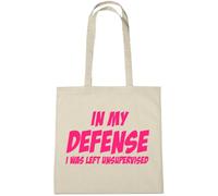 lolmugs In My Defense I Was Left 100% Cotton 38x42cm Tote Bag, Funny Secret Santa Gifts for Women Her Work Stocking Fillers for Wife Friends (Natural Tote (Pink))