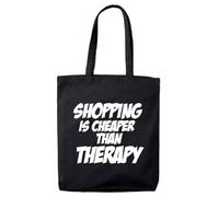 lolmugs Shopping Is Cheaper 100% Black Cotton 38x42cm Tote Bag, Funny Secret Santa Gifts for Women Her Work Stocking Fillers for Wife Friends