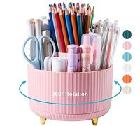Lolocor 360° Rotating Desk Organizer, 5-Compartment Pink Pen & Pencil Holder, Office & Home Desk Organizer