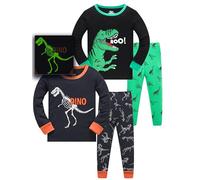 LOLPIP Boys Pyjamas 4-Piece Set Toddler Clothes 100% Cotton Sleepwear Dinosaur Printed Glow-in-the-Dark Nightwear Long Sleeve 7 Years