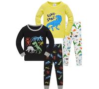 LOLPIP Boys Pyjamas 4-Piece Set Toddler Clothes 100% Cotton Sleepwear Dinosaur Printed Nightwear Long Sleeve 7 Years