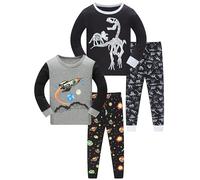 LOLPIP Boys Pyjamas Long Sleeve 4-Piece Set Sleepwear 100% Cotton Childern Clothes Rocket Dinosaur Printed Gary Black Printed Nightwear 4 Years