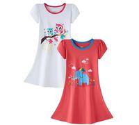 LOLPIP Nightgowns Short Sleeve Pyjama Cotton Nighties for Kids Casual Dress Sleepwear for Girls Nightdress Owl Elephant Size X-Large 9-10 Years
