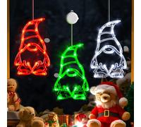 LOLStar Christmas Lights, 3 Pack Red White Green Gnomes Christmas Window Decorations with Suction Cup, Battery Operated(Excluded) Indoor Lights for New Year, 2023 Slow Fade Mode and Timer Function