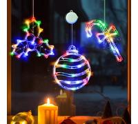 LOLStar Christmas Window Lights - 3 Pack Multicoloured Ball, Holly Berry, Candy Cane with Suction Cup, Timer Function & Slow Fade Mode - Battery Operated for Decoration