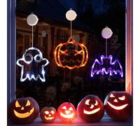 LOLStar Halloween Lights Decorations, 3 Pack Orange Pumpkin White Ghost Purple Bat Window Lights with Suction Cups, Battery Operated Halloween LED Lights Window Decor 2025 Slow Fade Mode and Timer