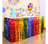 LOLStar Rainbow Party Decorations, 4 Pack Wavy Metallic Tinsel Foil Fringe Table Skirts, Perfect Table Decors for Birthday Holiday Wedding Engagement Bridal Shower Unicorn Pride Party Cartoon Party