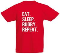 loltops Eat Sleep Rugby Repeat Gift T-Shirt for Boys, Kids (9-11 Years, Red)