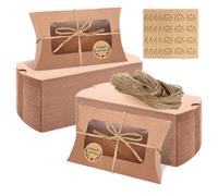 LOLYSIC 150Pcs Pillow Boxes with Window, 12.5x7.4x2cm Brown Kraft Pillow Boxes Small Favour Box for Wedding Favour Candy Cookie Jewelry Crafts, Include Jute String & Stickers