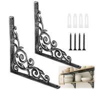LOLYSIC 2 Pcs Scaffold Board Shelf Brackets, 21cm 8 Inch Heavy Duty Cast Iron Shelf Brackets, Rustic Floating Shelf Bracket Supports, Vintage Decorative Wall Brackets for Shelves, Silver-Black