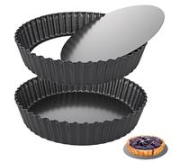 LOLYSIC 2Pcs Deep Quiche Tins with Loose Base, 26cm 10" Non Stick Tart Tins Fluted Flan Tin with Loose Bottom, Carbon Steel 5.5cm Deep Pie Pan Quiche Dish for Baking, Black