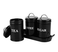 LOLYSIC 3Pcs Tea Coffee Sugar Canisters Set with Tray, Black Round Airtight Metal Storage Jars, 1000ml Kitchen Canister Tins Set for Tea, Coffee, Sugar, Flour, Dry Food Storage
